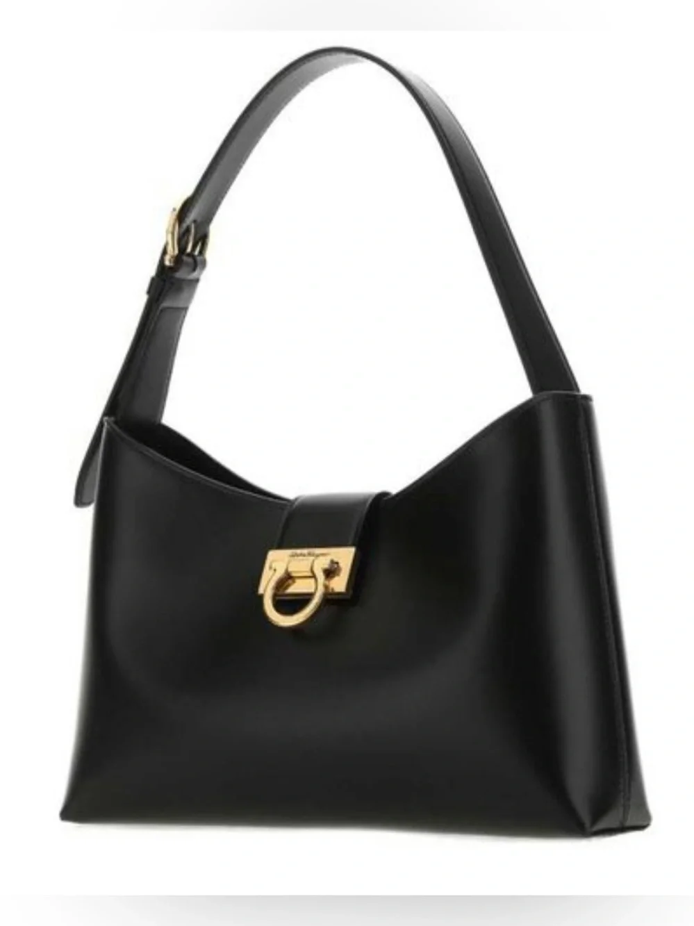 Salvador Ferragamo Black Leather Gancio Trifolio Large Shoulder Bag
